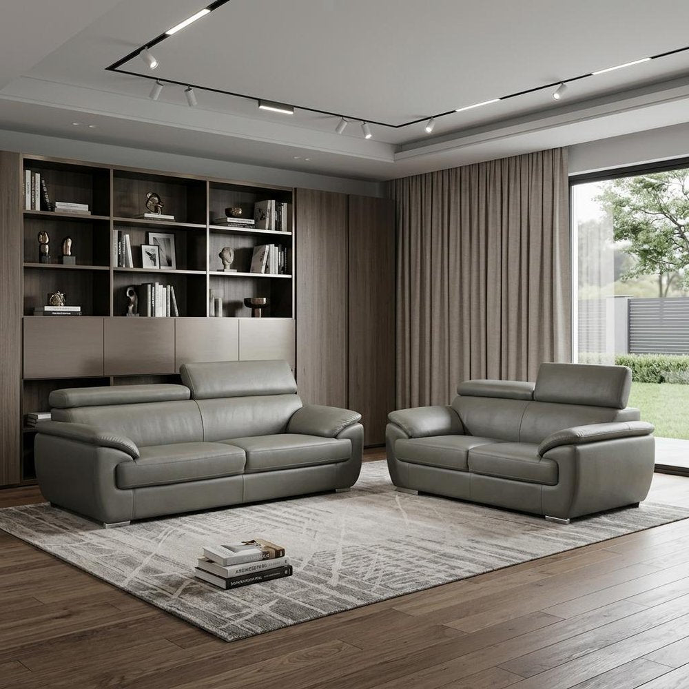 Two Piece Indoor Gray Genuine Leather Five Person Seating Set - 32" H x 69" W x 38" D in a home interior