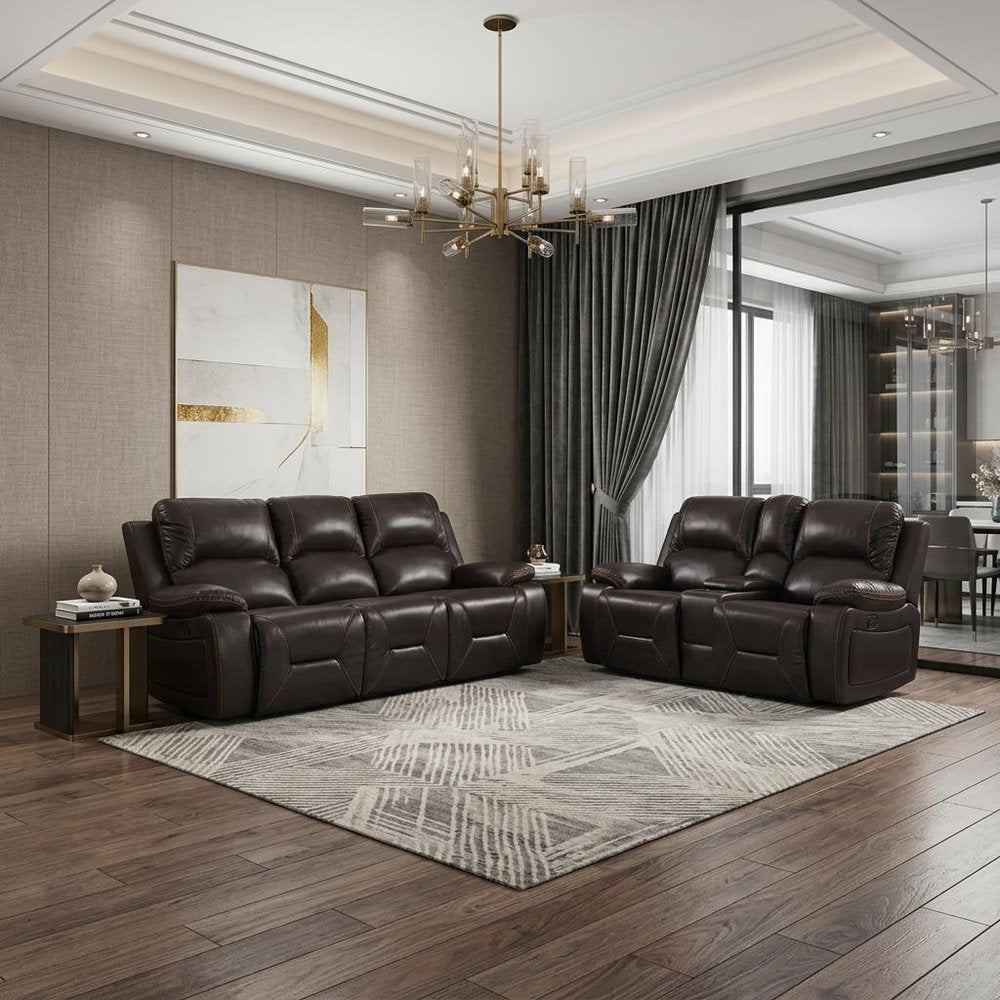 77" Brown Faux Leather Manual Reclining Love Seat With Storage in a home interior