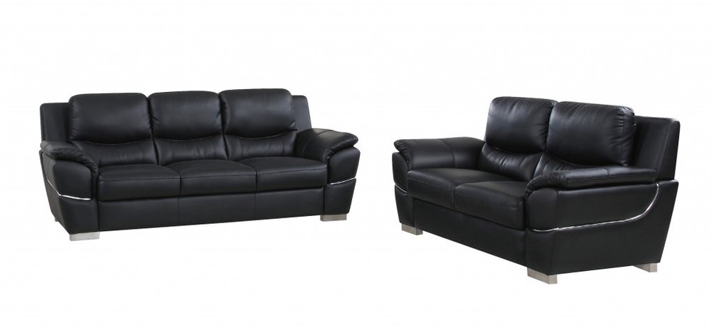 Two Piece Indoor Black Genuine Leather Five Person Seating Set on a white background