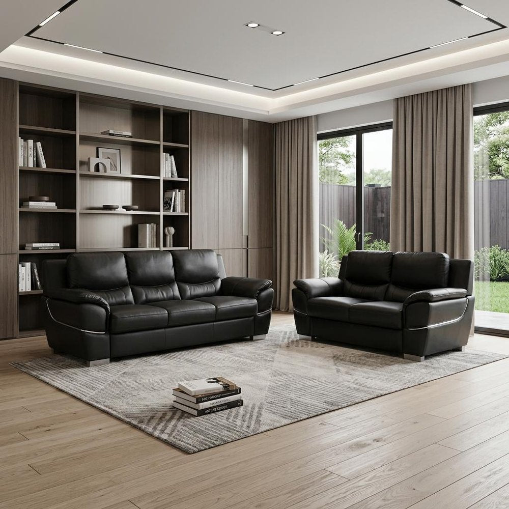 Two Piece Indoor Black Genuine Leather Five Person Seating Set in a home interior