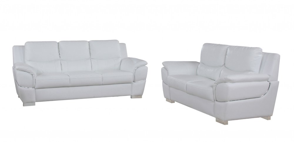 White genuine leather five-person seating set with a three-seater sofa and a two-seater sofa on a white background.