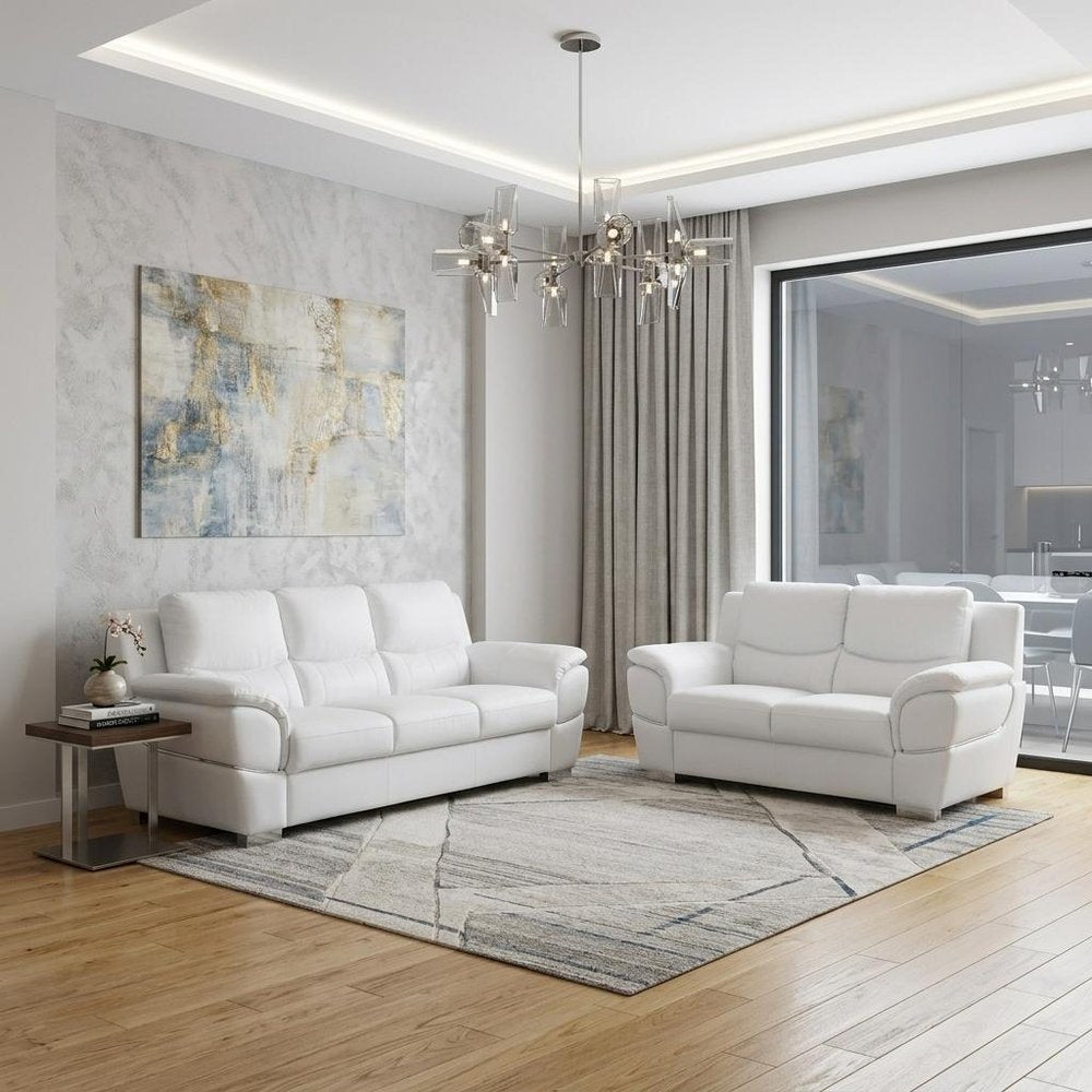 Two Piece Indoor White Genuine Leather Five Person Seating Set in a home interior