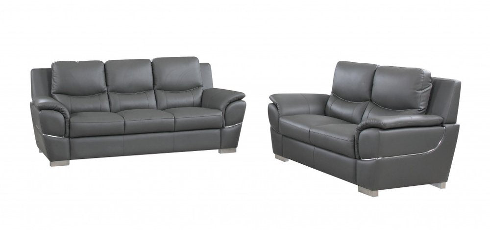 Two-piece gray genuine leather five-person seating set with a three-seater sofa and a two-seater loveseat on a white background.