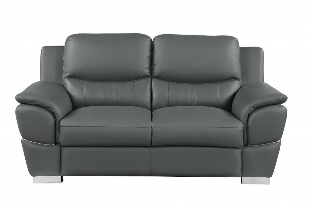 Two Piece Indoor Gray Genuine Leather Five Person Seating Set - 35" H x 69" W x 34" D