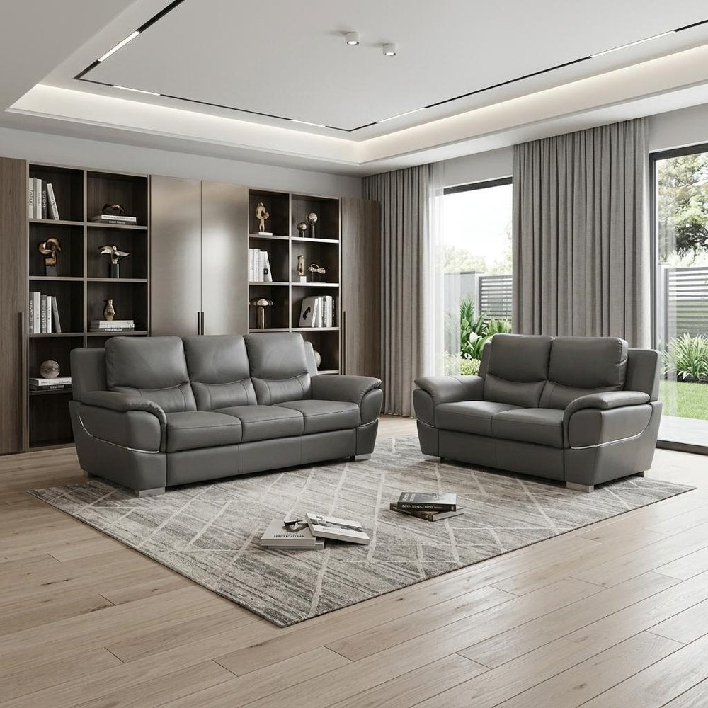 Two Piece Indoor Gray Genuine Leather Five Person Seating Set in a home interior