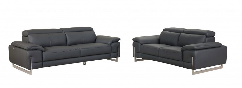 Two Piece Indoor Dark Gray Italian Leather Five Person Seating Set - 31" H x 71" W x 42" D on a white background