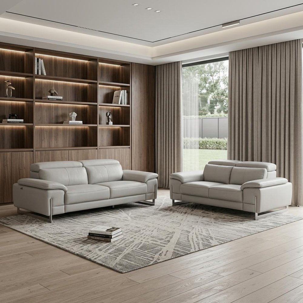 Two Piece Indoor Light Gray Italian Leather Five Person Seating Set - 31" H x 71" W x 42" D