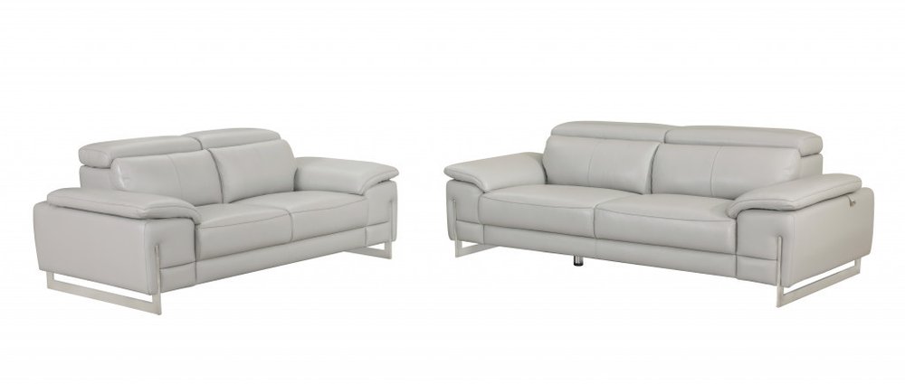 Two Piece Indoor Light Gray Italian Leather Five Person Seating Set - 31" H x 71" W x 42" D on a white background