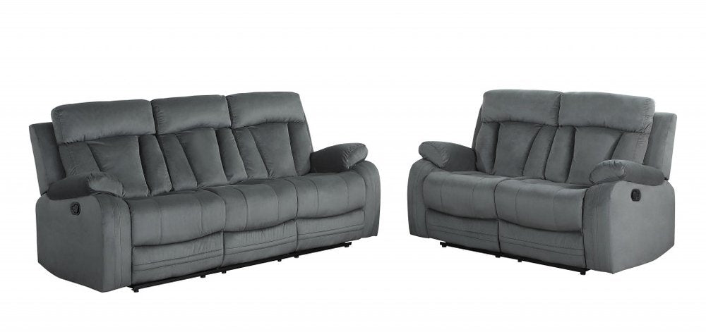 Two gray microsuede five-person seating set with a sofa and loveseat on a white background.