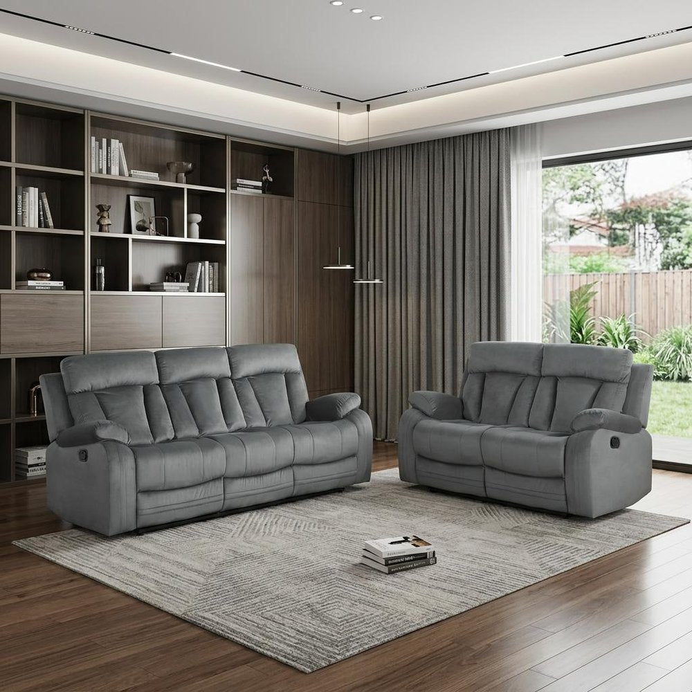Two Piece Indoor Gray Microsuede Five Person Seating Set in a home interior