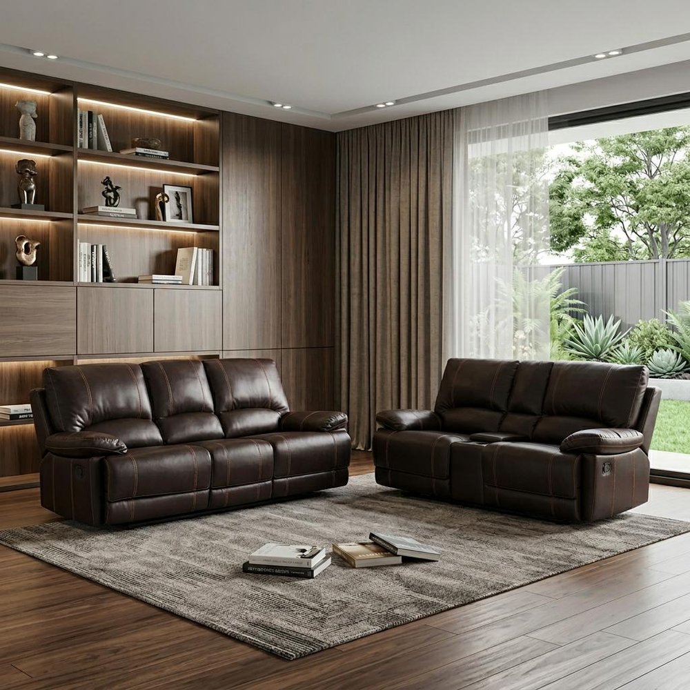 Two Piece Indoor Brown Faux Leather Five Person Seating Set in a home interior