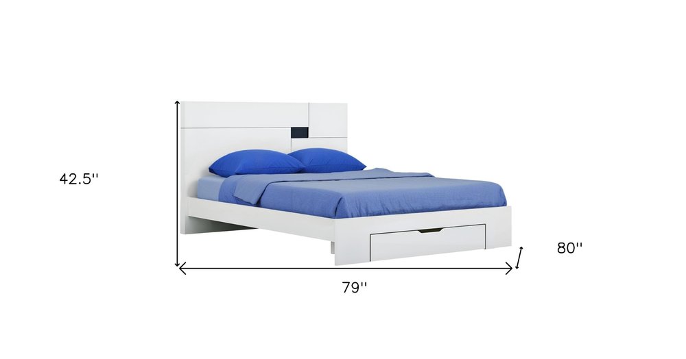 White Wood King Platform Bed Frame With Storage Drawer on a white background