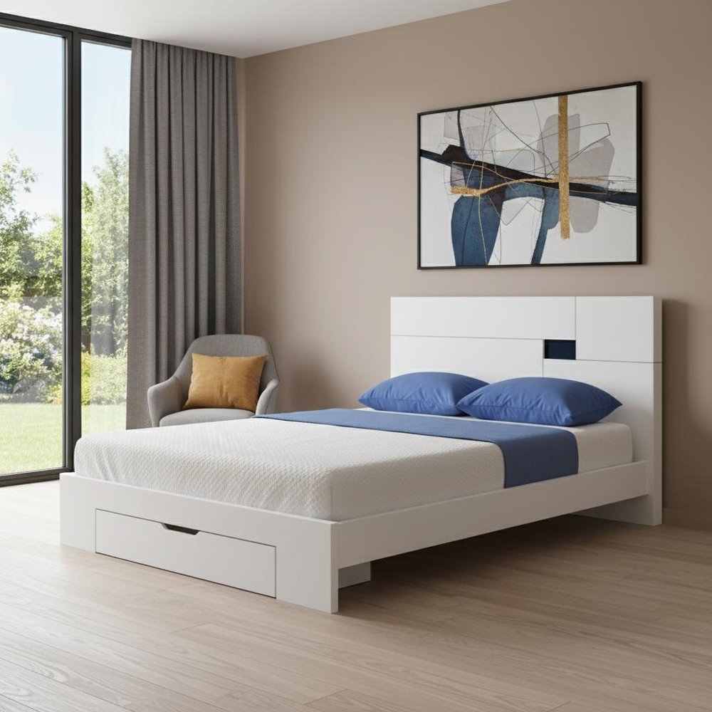 White Wood King Platform Bed Frame With Storage Drawer