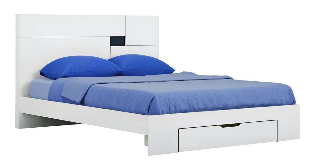 White wood king platform bed frame with a storage drawer, blue bedding, and a modern geometric headboard on a white background.