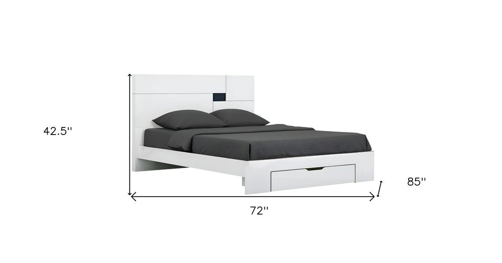 White Wood CA King Platform Bed Frame With Storage Drawer on a white background
