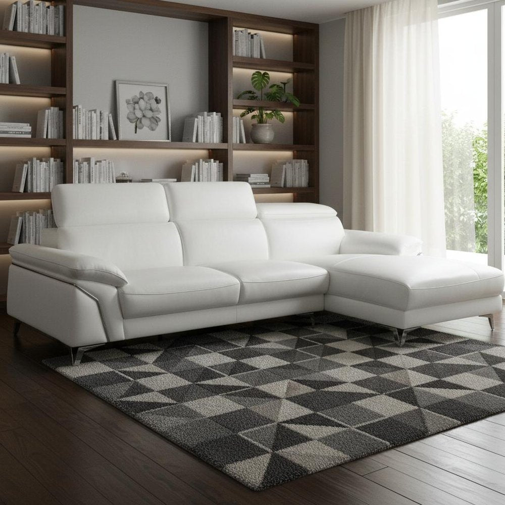 White Italian Leather L Shaped Two Piece Sofa and Chaise Sectional in a home interior