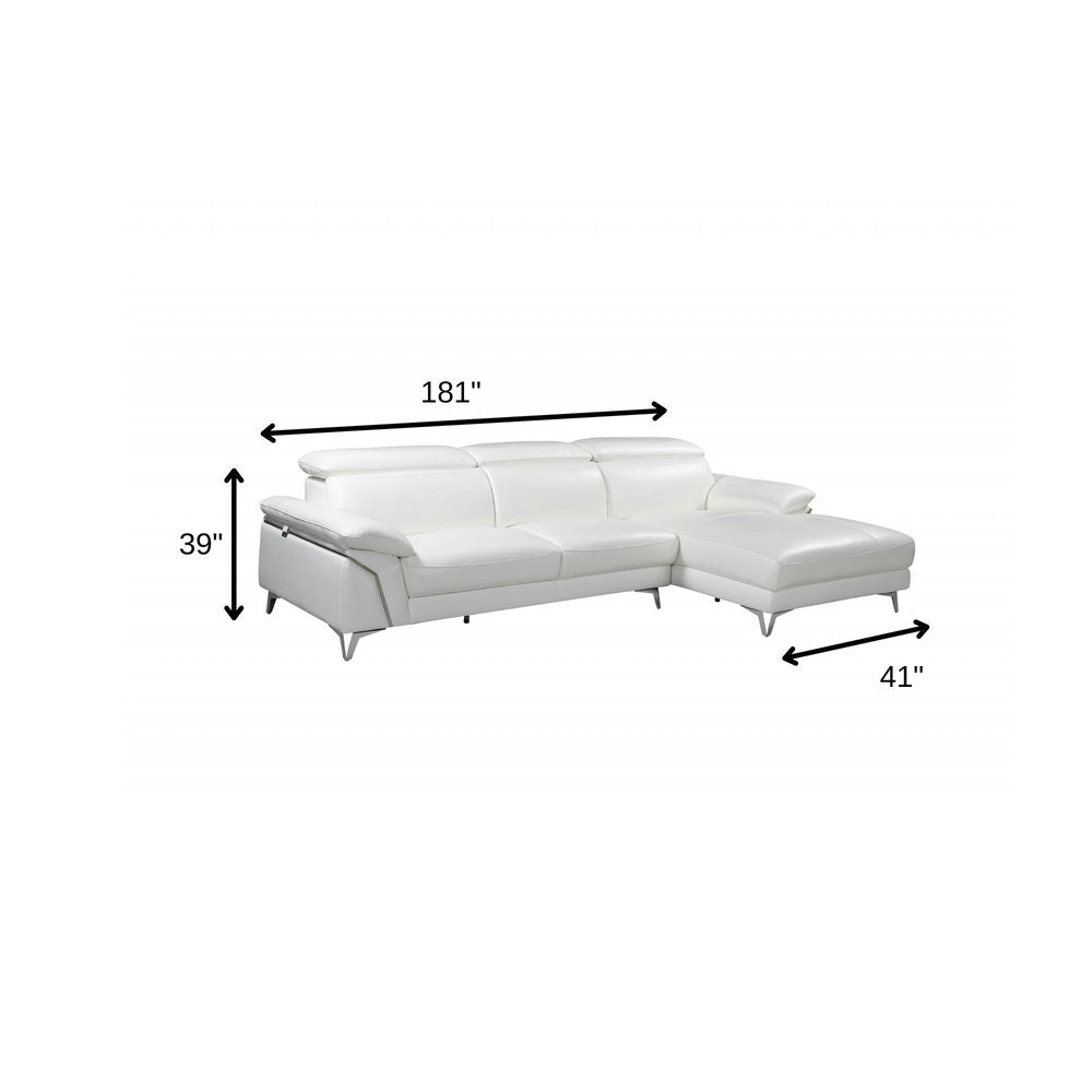 White Italian Leather L Shaped Two Piece Sofa and Chaise Sectional on a white background