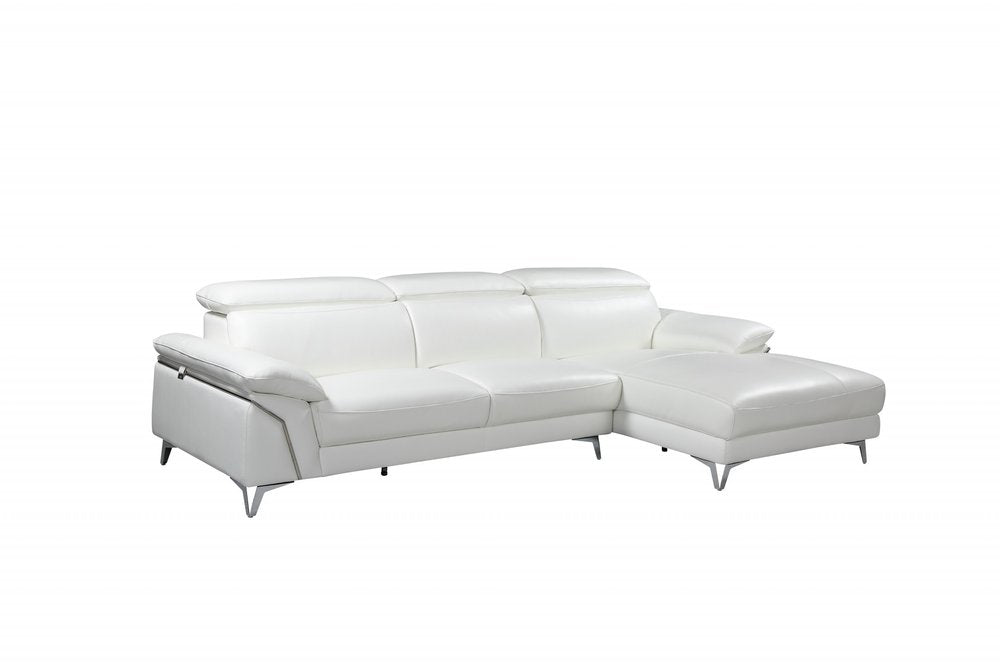 White Italian leather L-shaped two-piece sectional sofa with chaise on a white background.