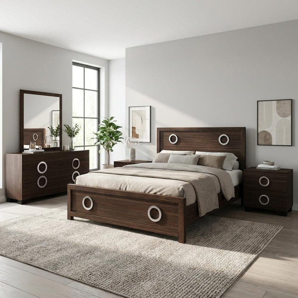 Four Piece Wood Brown Solid Wood Bedroom Set With Mirror - 40" H x 87" W x 84" D on a white background