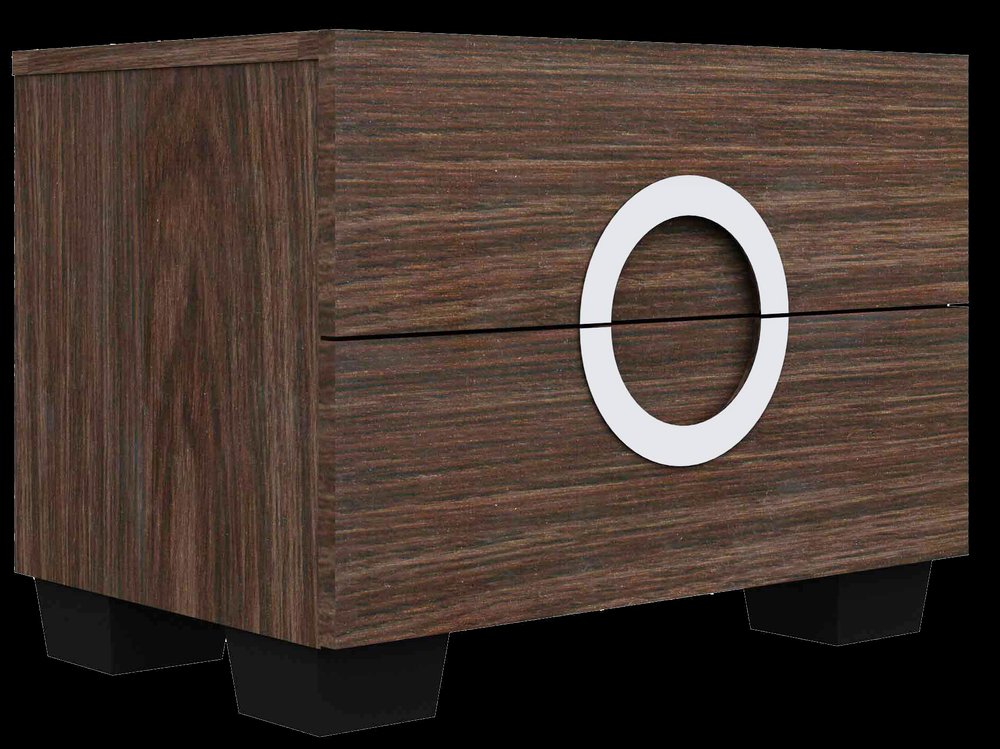Brown wood nightstand with a white circle handle and black block feet against a black background.