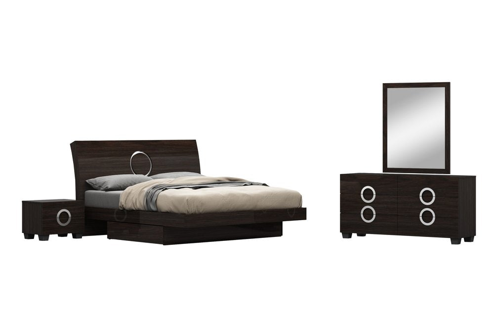 Four Piece Wood Brown Solid Wood Bedroom Set With Mirror - 40" H x 87" W x 84" D on a white background