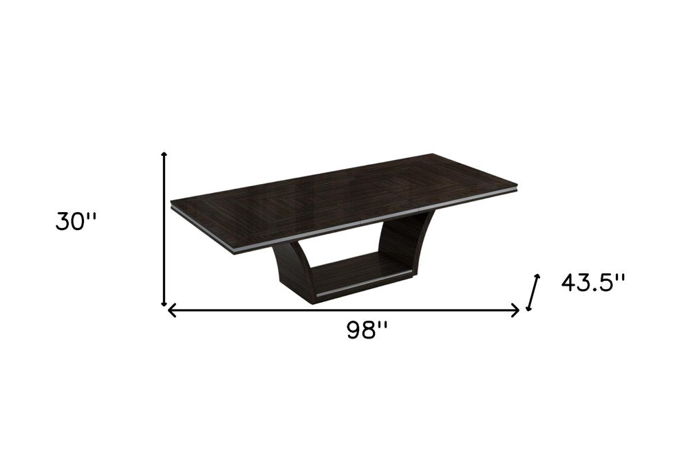 98" Dark Brown Solid Wood Self-Storing Leaf Pedestal Base Dining Table on a white background