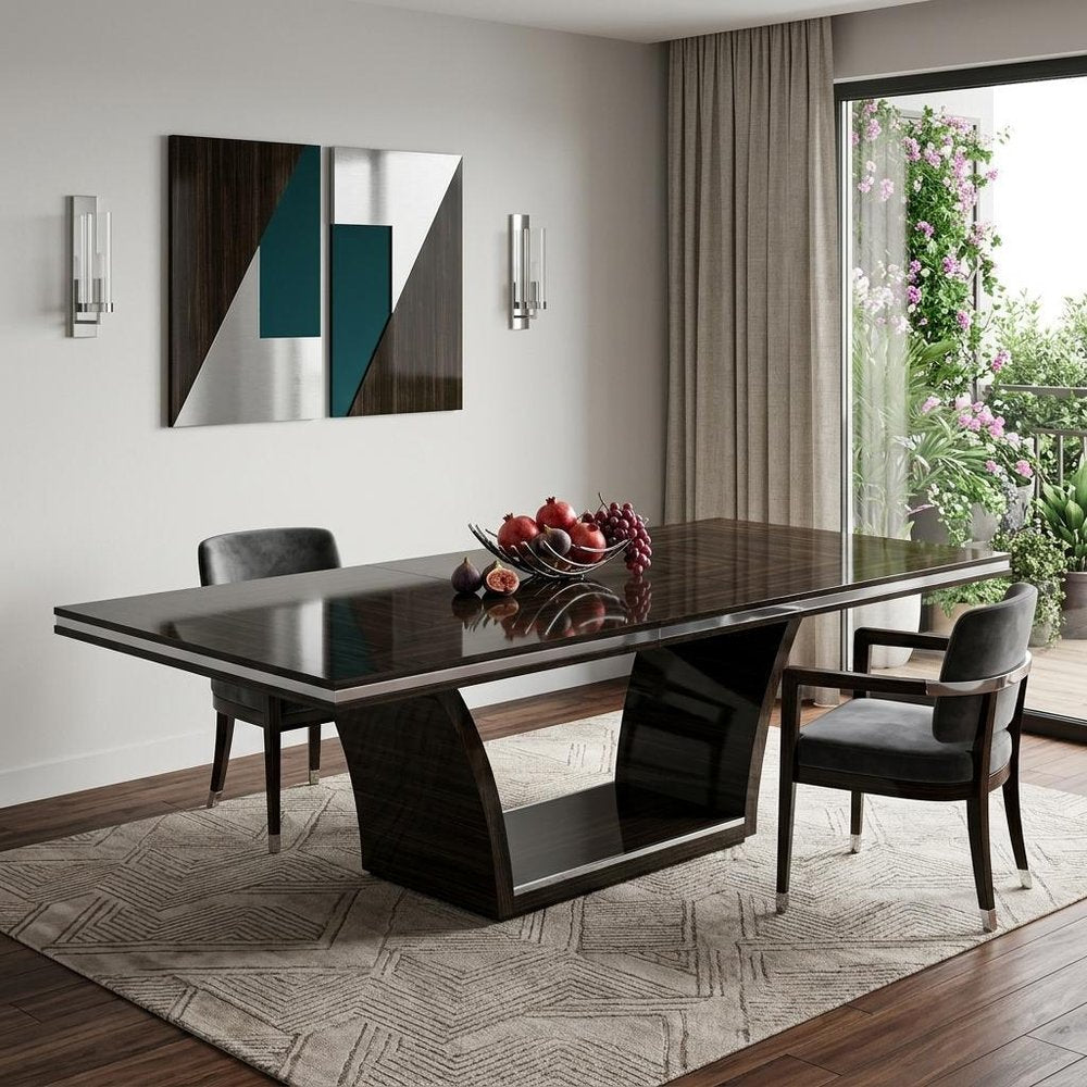 98" Dark Brown Solid Wood Self-Storing Leaf Pedestal Base Dining Table in a home interior
