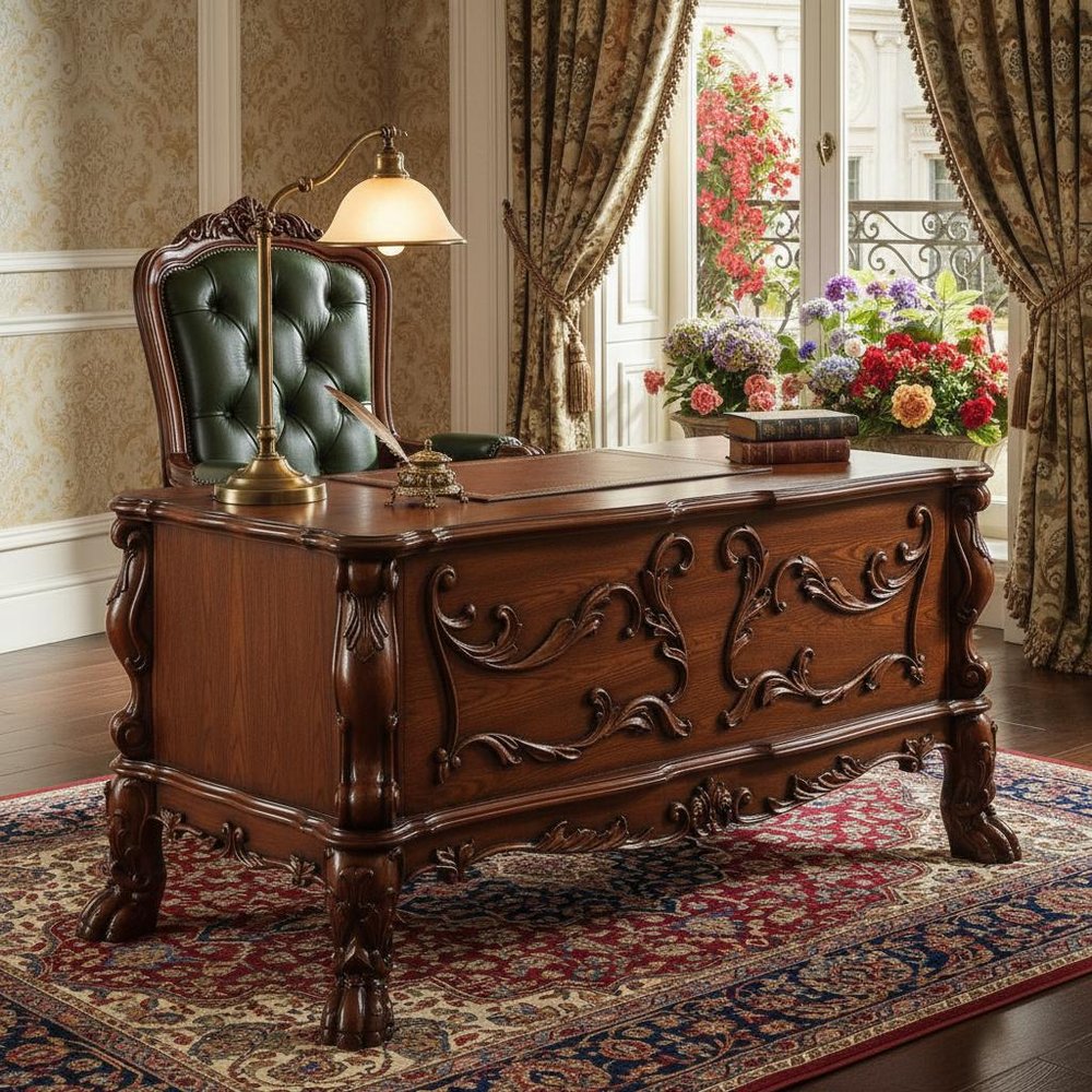 72" Brick Red Solid Manufactured Wood and Solid Wood Executive Desk With Five Drawers