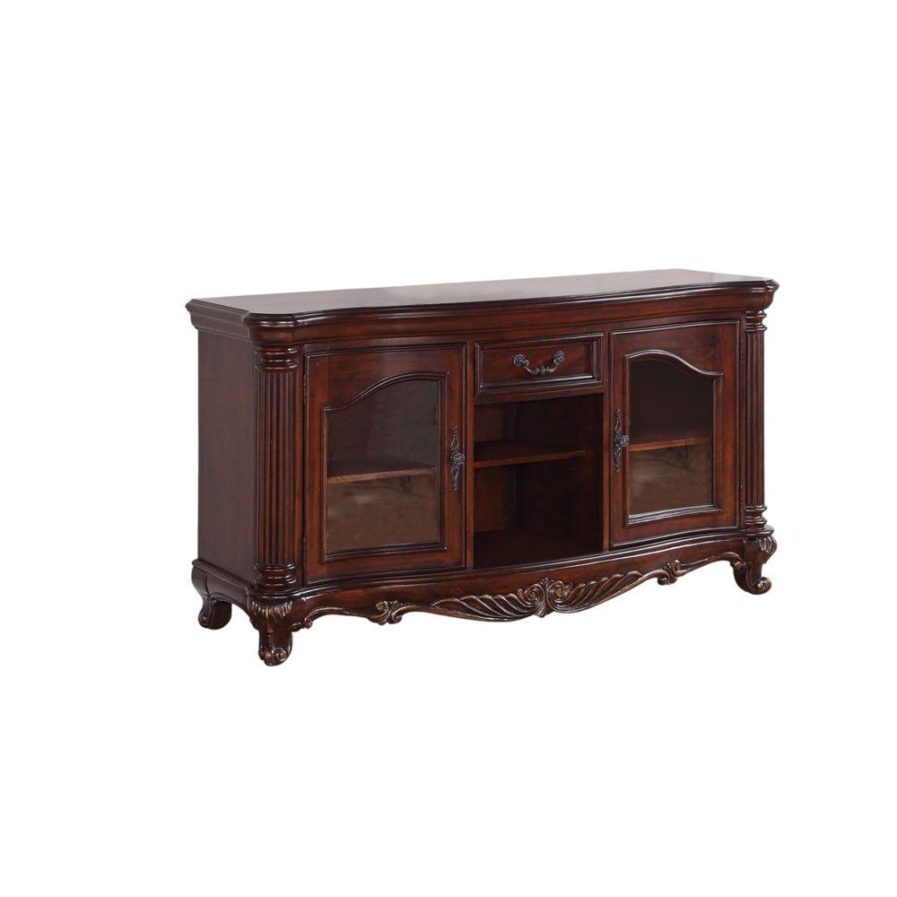65" Brown Cherry Cabinet Enclosed Storage TV Stand with Bookcase. TV stand isolated on a plain white background, finished in brown wood.