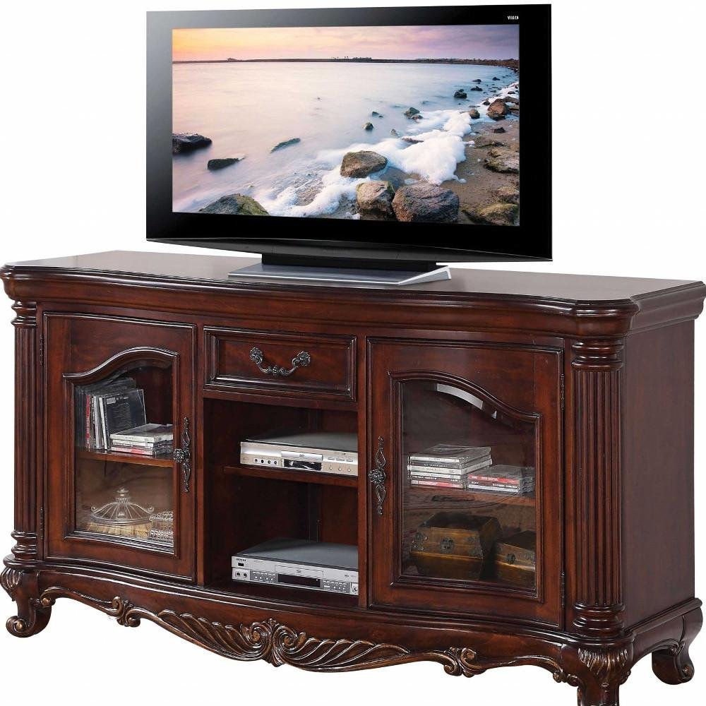 65" Brown Cherry Cabinet Enclosed Storage TV Stand with Bookcase. TV stand isolated on a plain white background, in a brown wood finish.