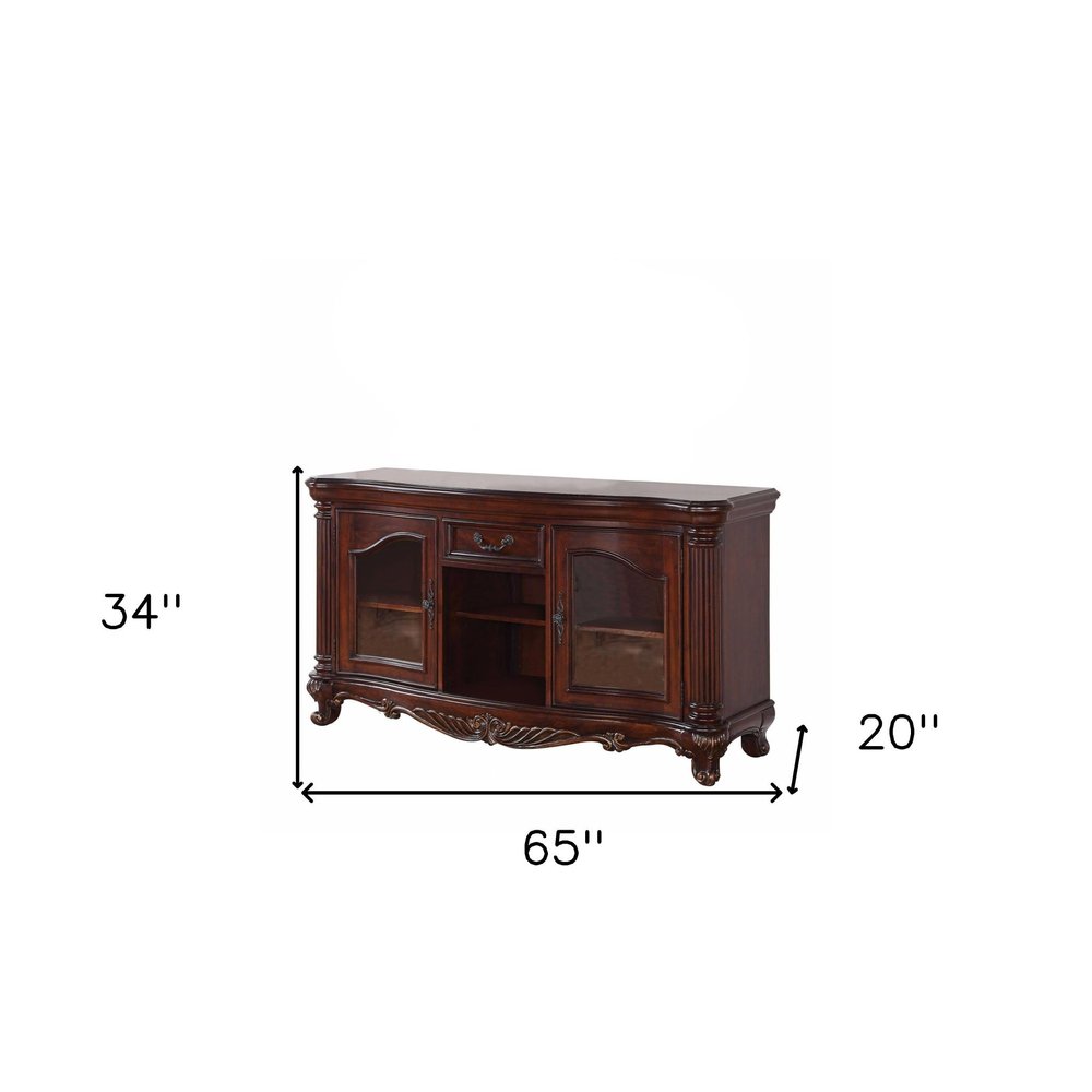 65" Brown Cherry Cabinet Enclosed Storage TV Stand with Bookcase. TV stand isolated on a plain white background, showing a brown wood surface.