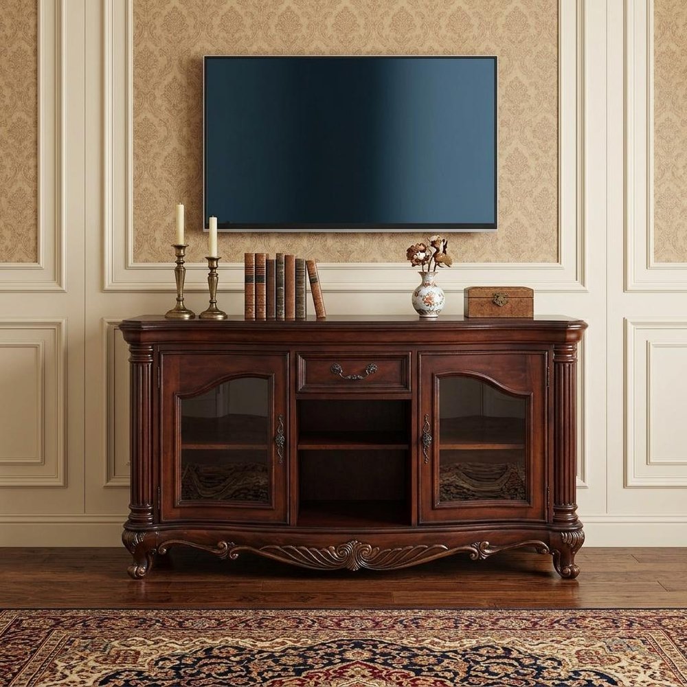 65" Brown Cherry Cabinet Enclosed Storage TV Stand with Bookcase. TV stand in brown wood.