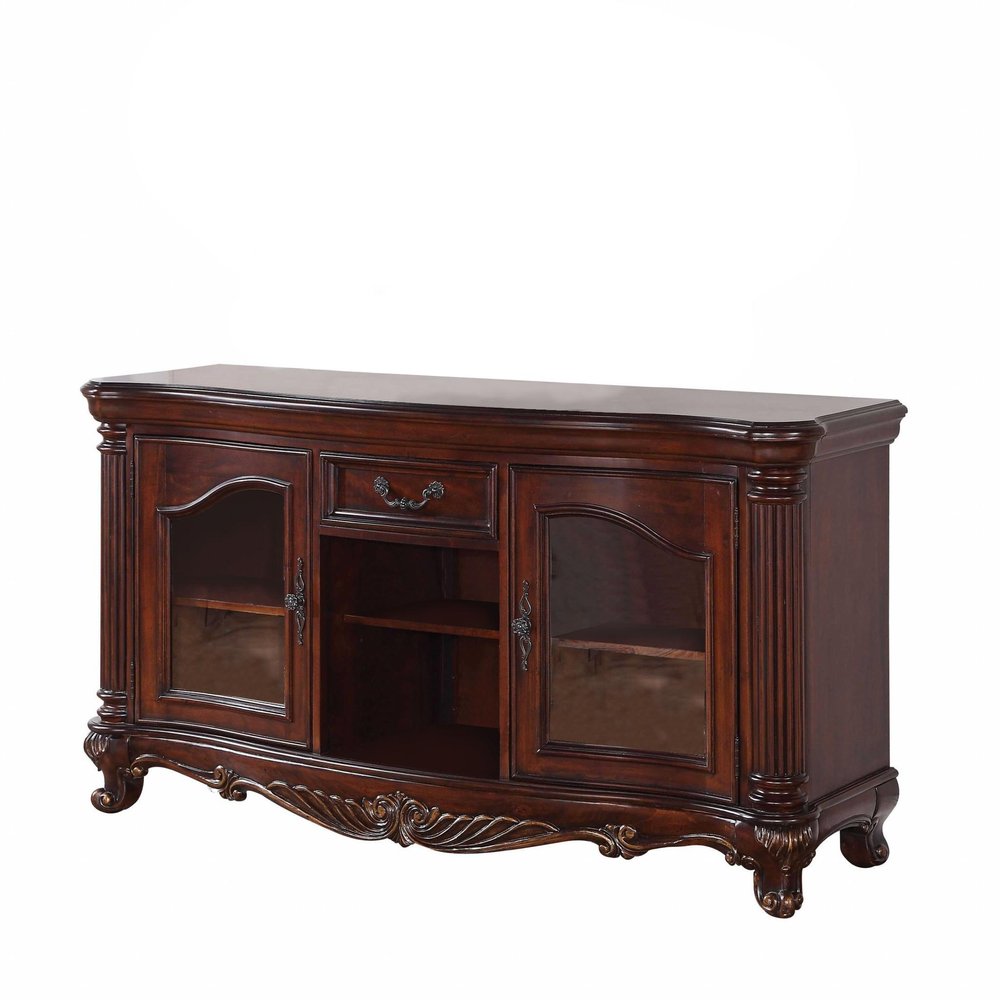 65" Brown Cherry Cabinet Enclosed Storage TV Stand with Bookcase. TV stand isolated on a plain white background, finished in brown wood.