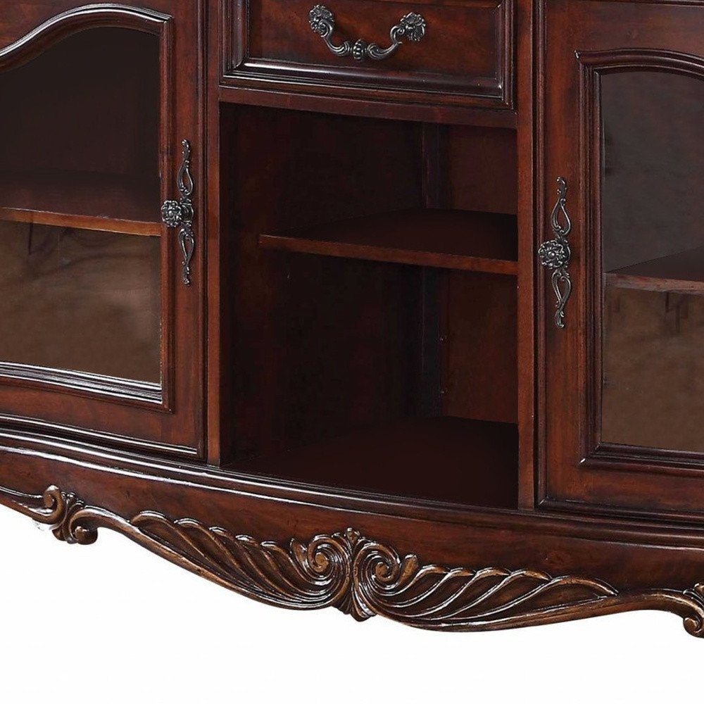 Cropped view of 65" Brown Cherry Cabinet Enclosed Storage TV Stand with Bookcase focusing on the brown wood surface.