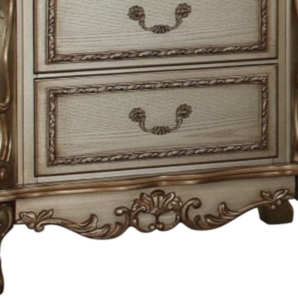 31" Gold Two Drawers Solid Wood Mirrored Nightstand. Nightstands & bedside table in gold wood.