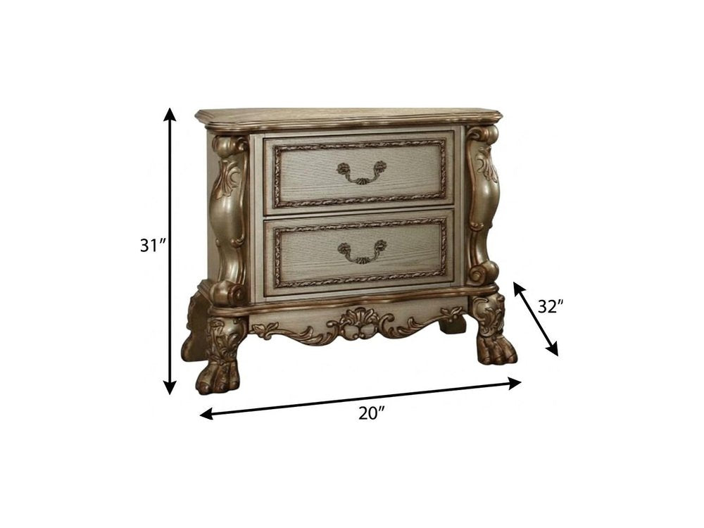 31" Gold Two Drawers Solid Wood Mirrored Nightstand. Nightstands & bedside table isolated on a plain white background, in a gold wood finish.