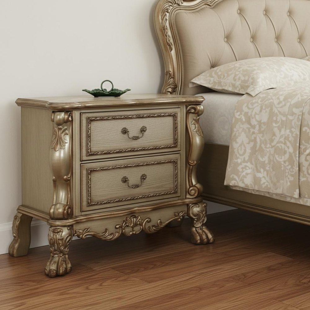 31" Gold Two Drawers Solid Wood Mirrored Nightstand styled in a furnished interior with an off-white wall on a dark wood floor.