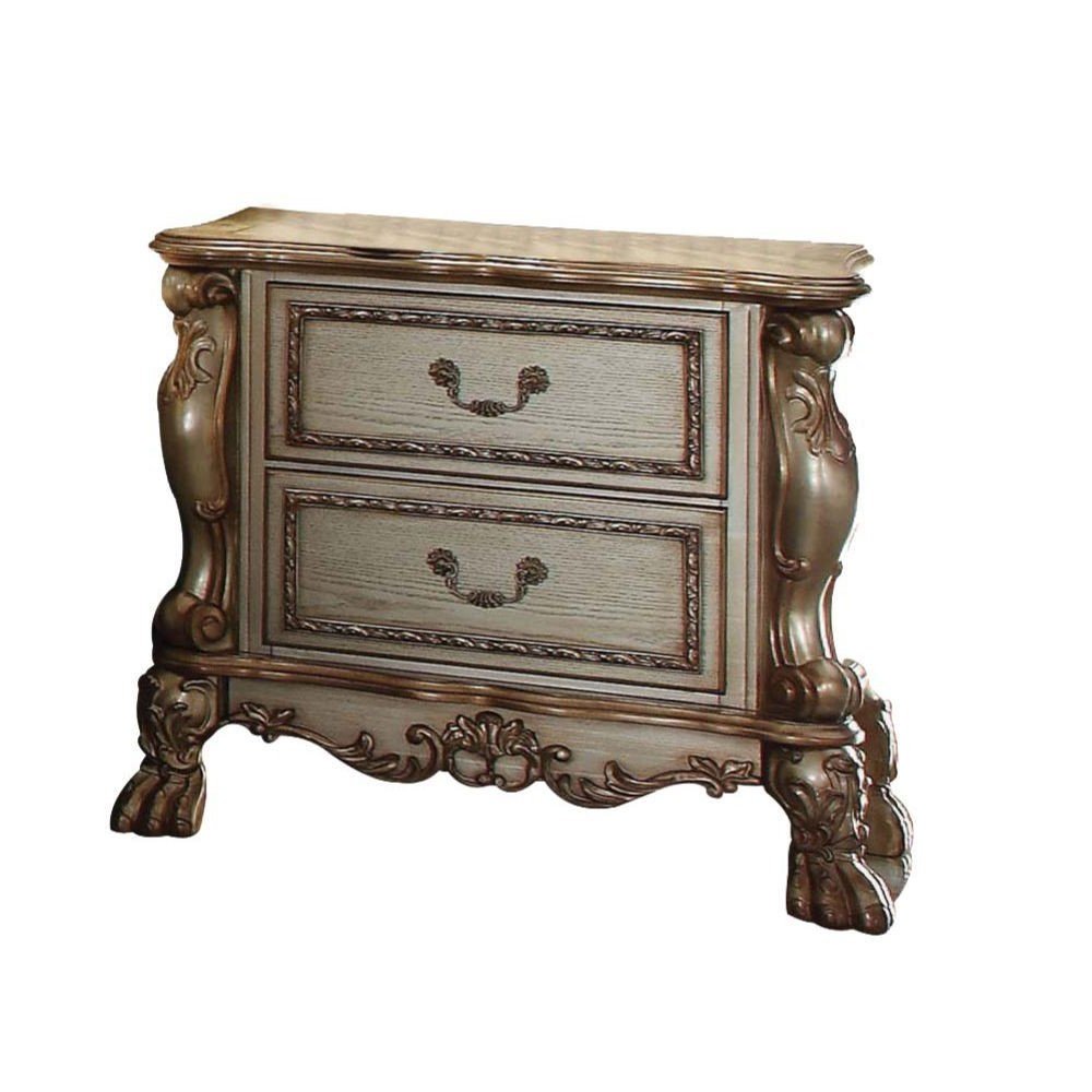 31" Gold Two Drawers Solid Wood Mirrored Nightstand. Nightstands & bedside table isolated on a plain white background, in a gold wood finish.