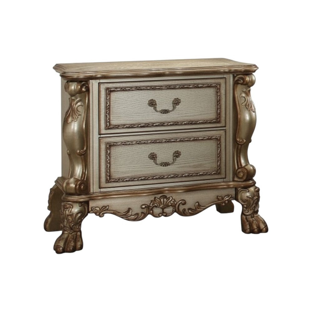 31" Gold Two Drawers Solid Wood Mirrored Nightstand. Nightstands & bedside table isolated on a plain white background, finished in gold wood.