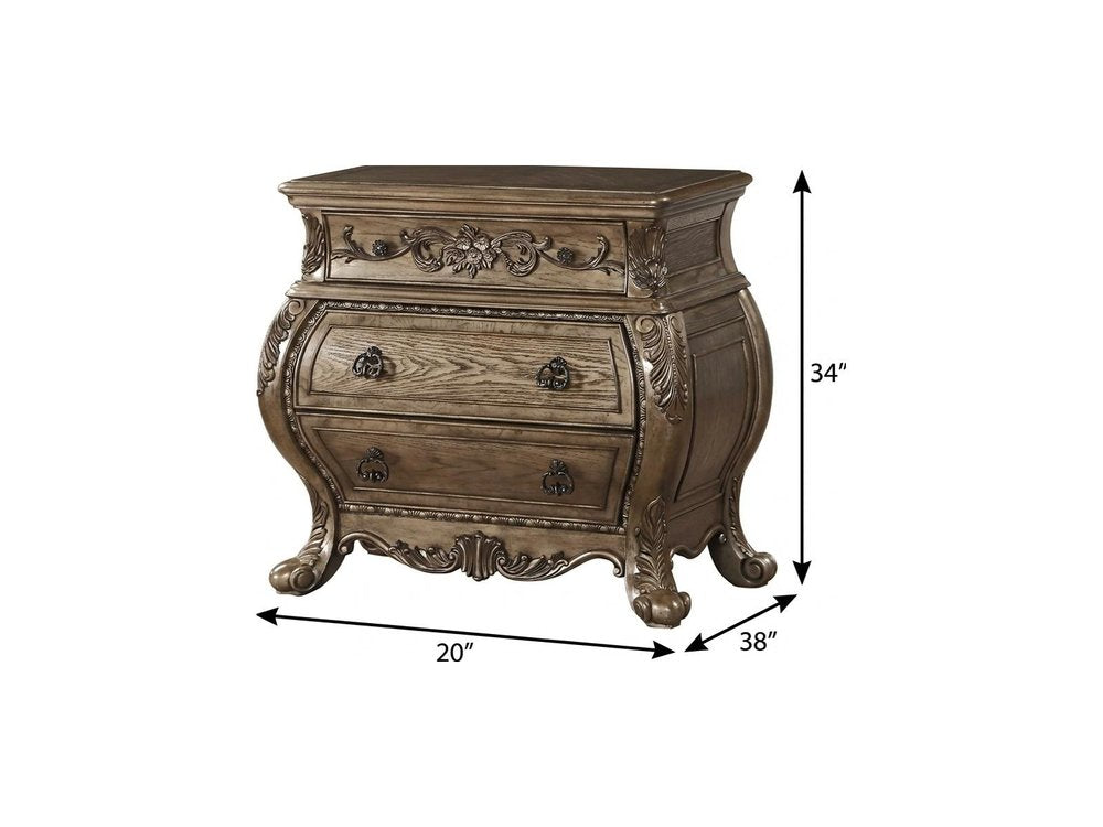 34" Champagne Novelty Three Drawers Solid Wood Nightstand. Nightstands & bedside table isolated on a plain white background, in a dark brown wood finish.