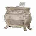 34" Antiqued White Solid Wood Three Drawer Nightstand. Nightstands & bedside table isolated on a plain white background, finished in white wood.
