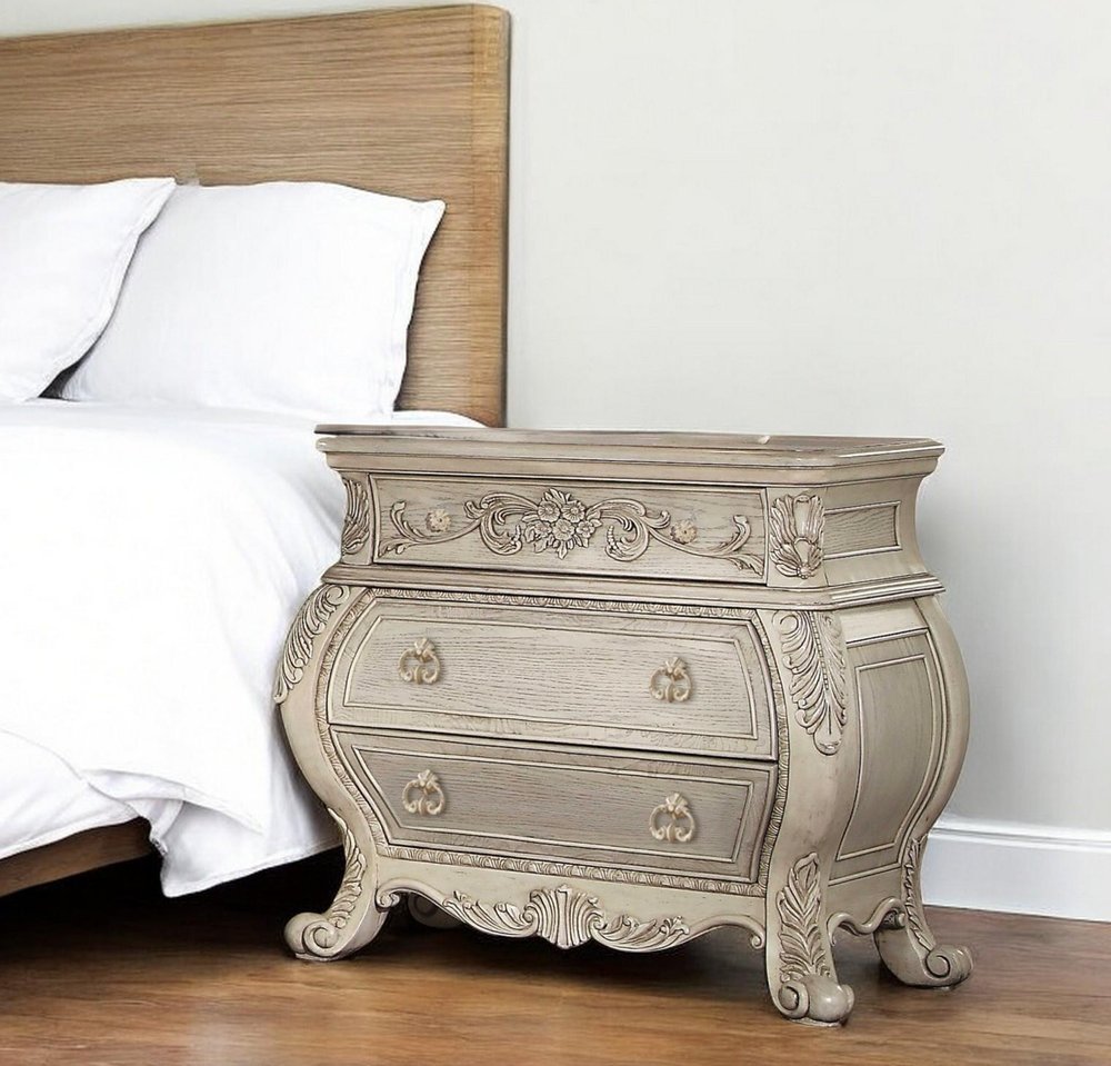 34" Antiqued White Solid Wood Three Drawer Nightstand. Nightstands & bedside table in white wood.