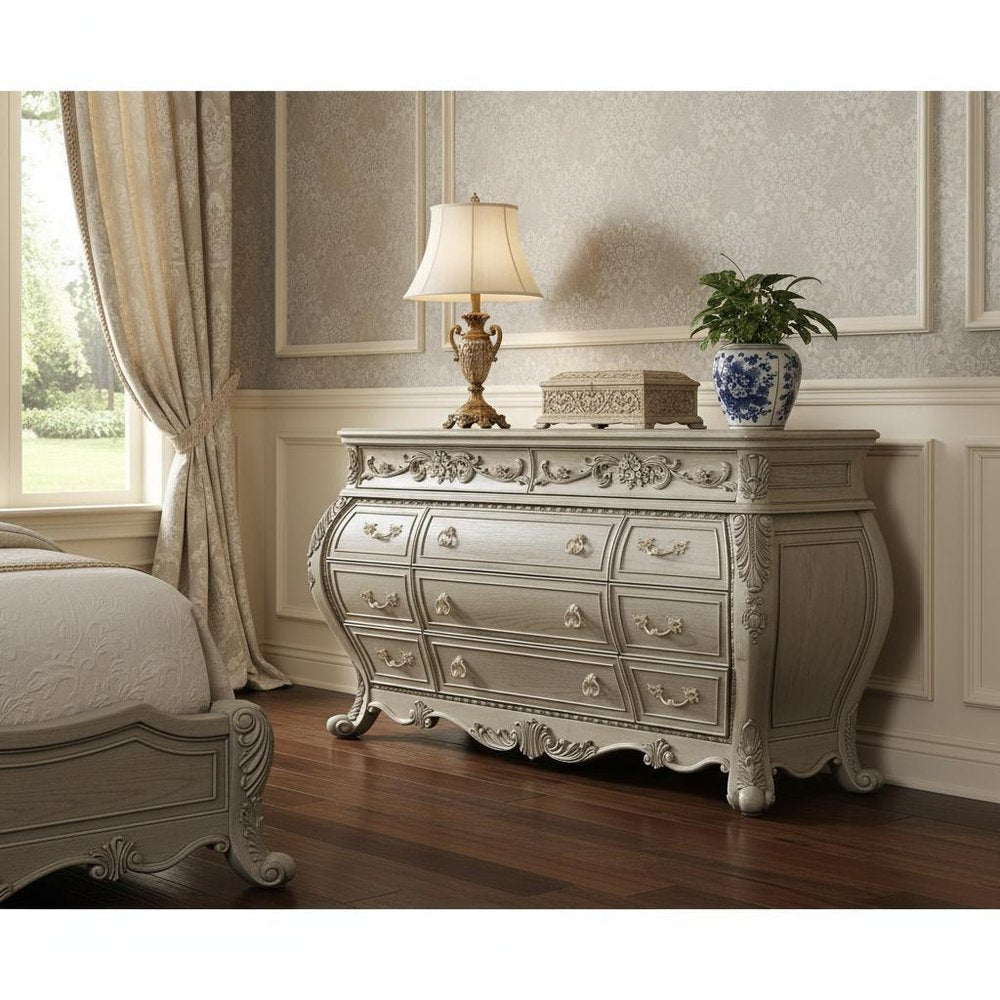 73" Off White Solid Wood Nine Drawer Double Dresser on a white background