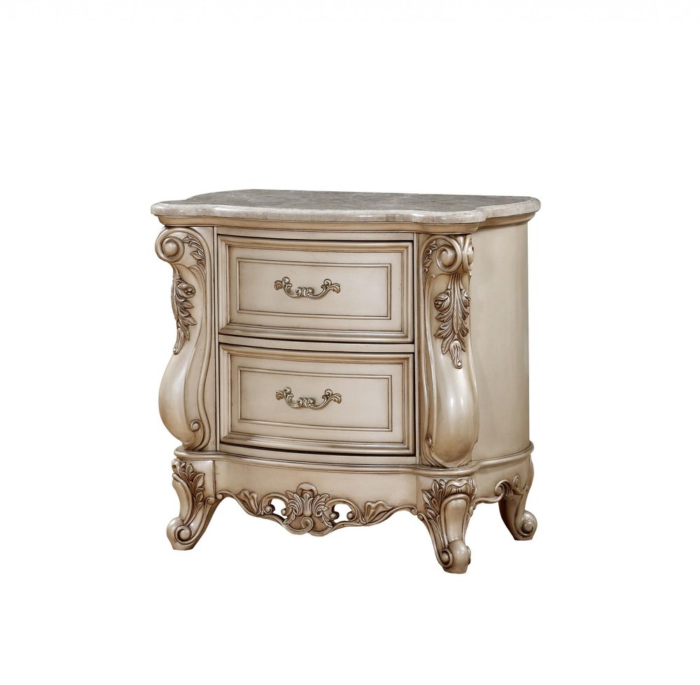 32" Antiqued White Two Drawers Mirrored Nightstand. Nightstands & bedside table isolated on a plain white background, showing its white color.
