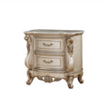 32" Antiqued White Two Drawers Mirrored Nightstand. Nightstands & bedside table isolated on a plain white background, showing its white color.