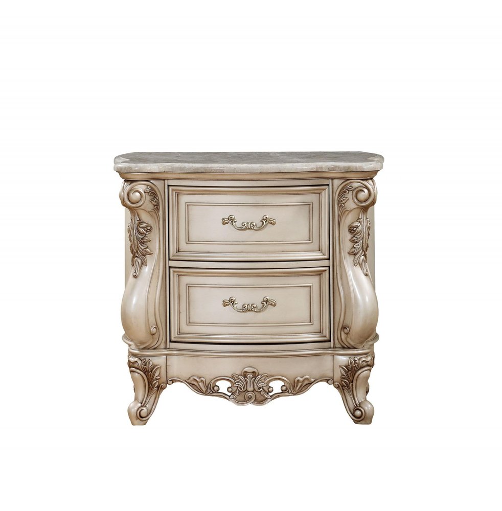 32" Antiqued White Two Drawers Mirrored Nightstand. Nightstands & bedside table isolated on a plain white background, in a white finish.