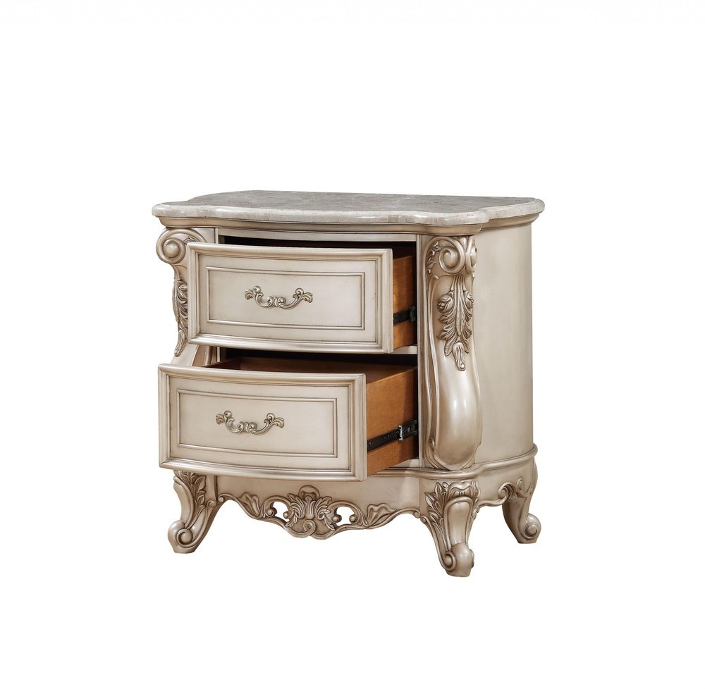 32" Antiqued White Two Drawers Mirrored Nightstand. Nightstands & bedside table isolated on a plain white background, finished in white.