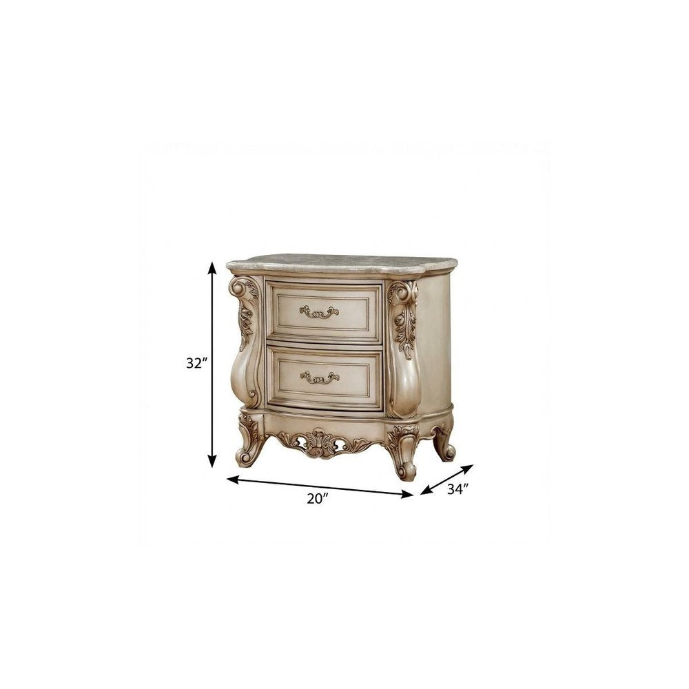 32" Antiqued White Two Drawers Mirrored Nightstand. Nightstands & bedside table isolated on a plain white background, finished in white.