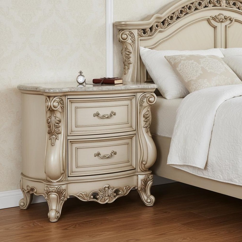 32" Antiqued White Two Drawers Mirrored Nightstand styled in a furnished interior with an off-white wall on a dark wood floor.