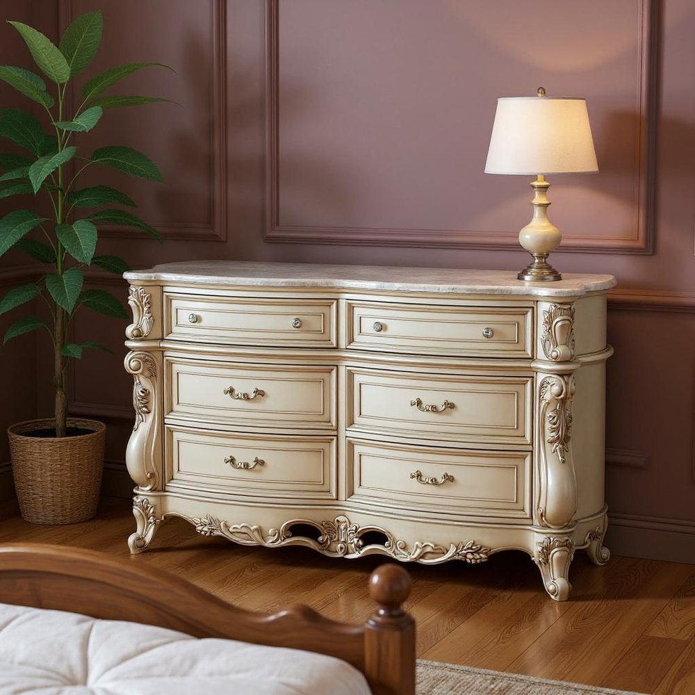 72" Beige Solid Wood Six Drawer Double Dresser in a home interior